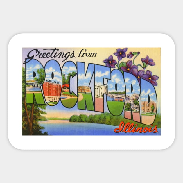Greetings from Rockford Illinois, Vintage Large Letter Postcard Sticker by Naves